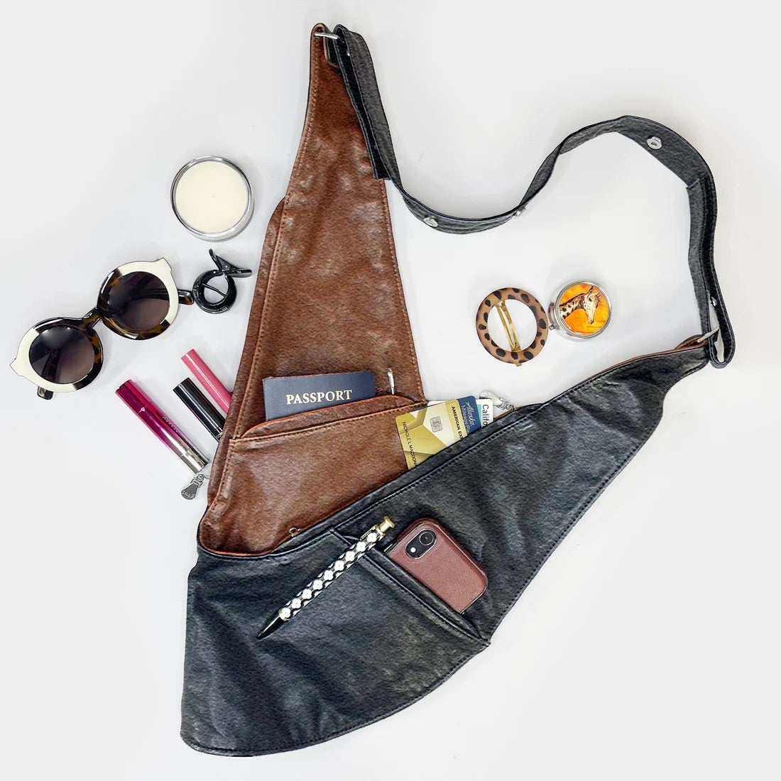 Black brown faux reversible sash bag